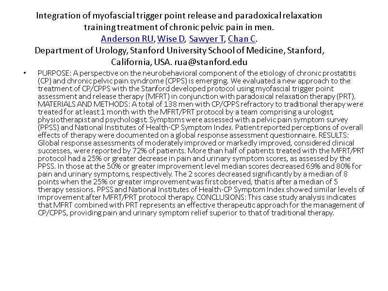 Integration of myofascial trigger point release and paradoxical relaxation training treatment of chronic pelvic